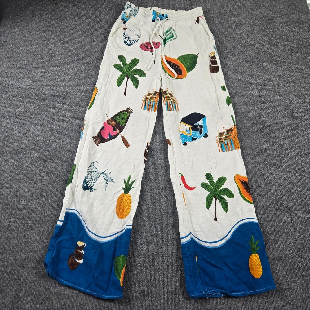 Paper Heart Wide Leg Pants Women S White Blue linen blend Tropical Fruit Print
